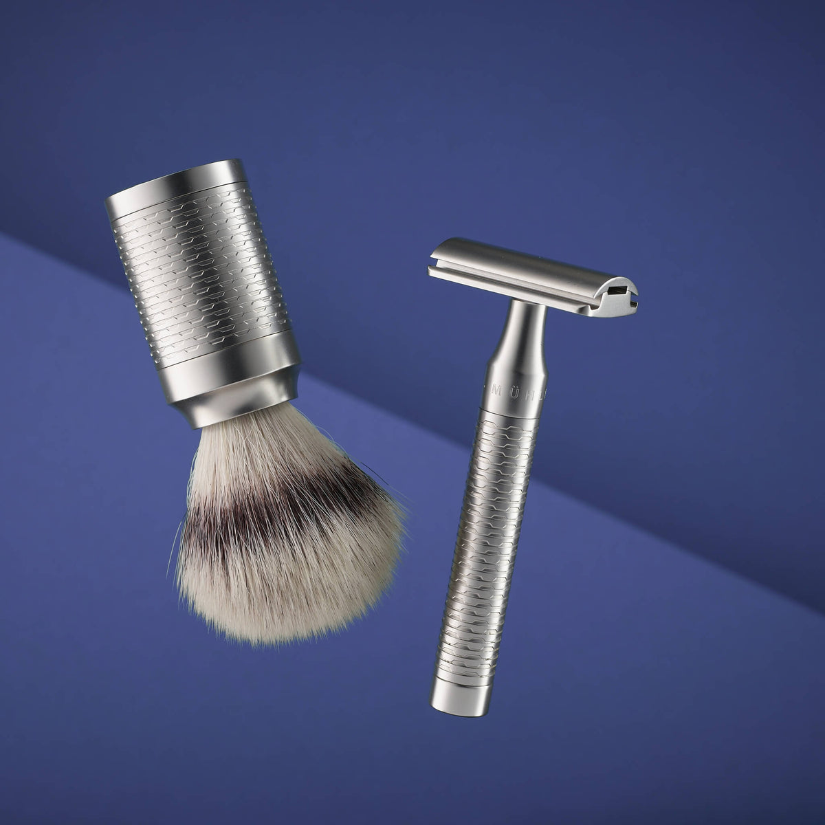 Shaving set with DE razor, Shaving brush and holder, Rocca, Stainless steel - Matte finish