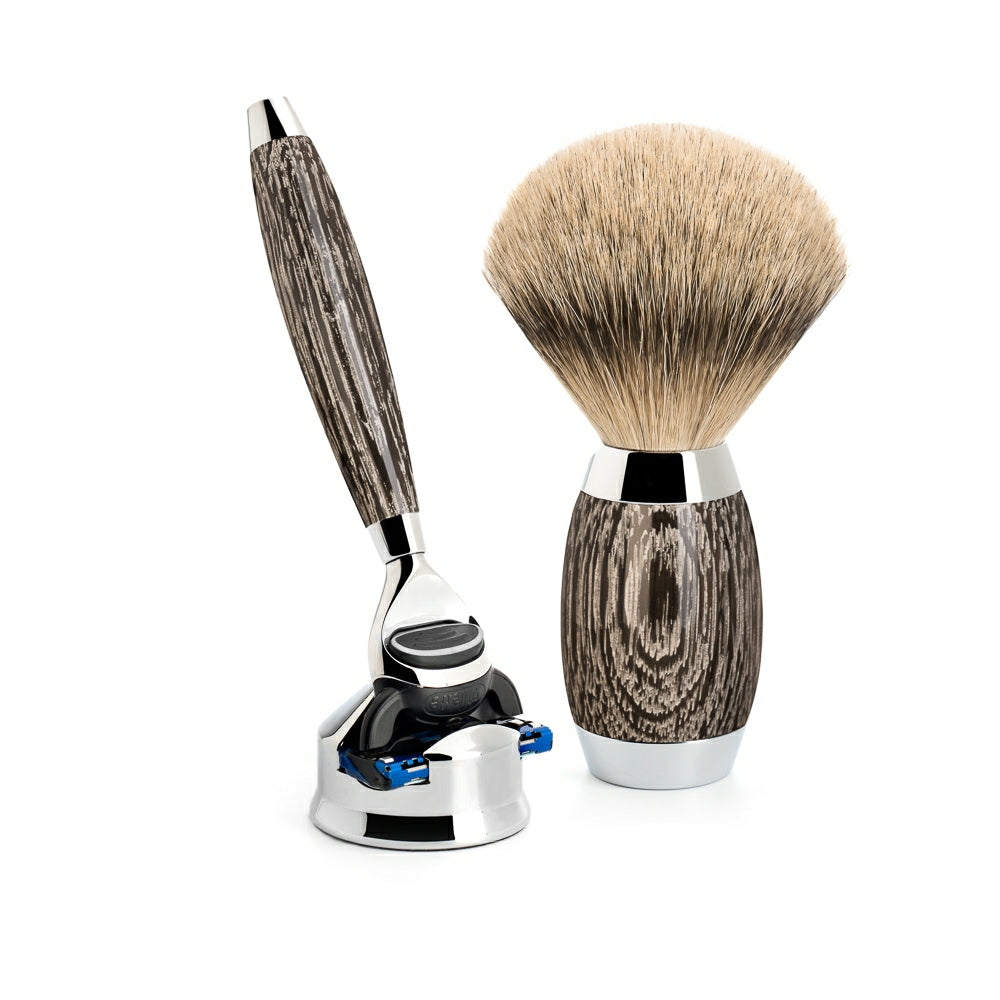 Edition No. 3, Shaving set with Shaver, Shaving Brush and Holder for Shaver, Mose Oak & Sterling Silver