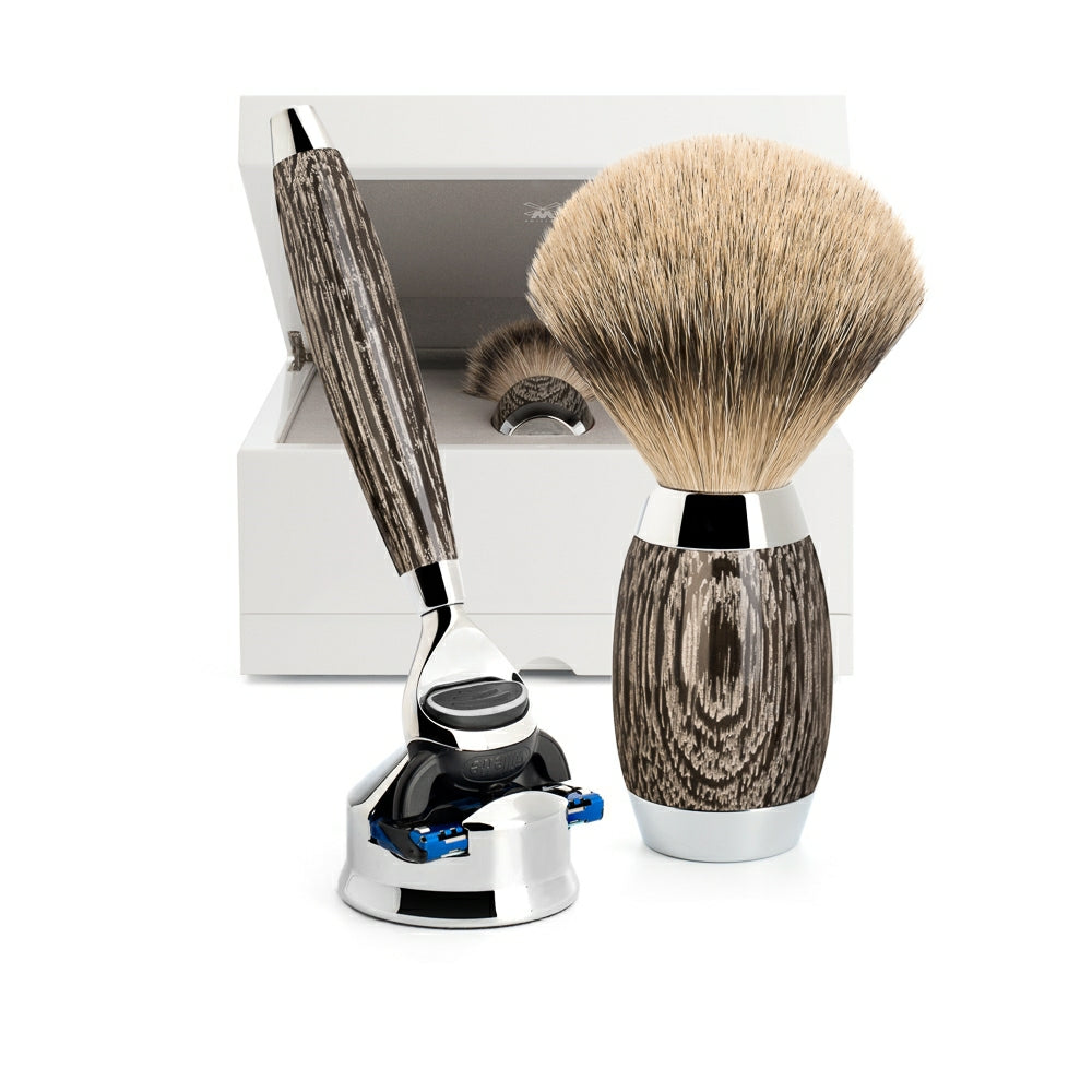 Edition No. 3, Shaving set with Shaver, Shaving Brush and Holder for Shaver, Mose Oak & Sterling Silver